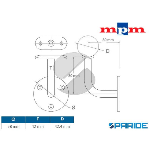 SUPPORTO PER CORRIMANO D 42,4 MM ACCIAIO INOX AISI 304 MPM