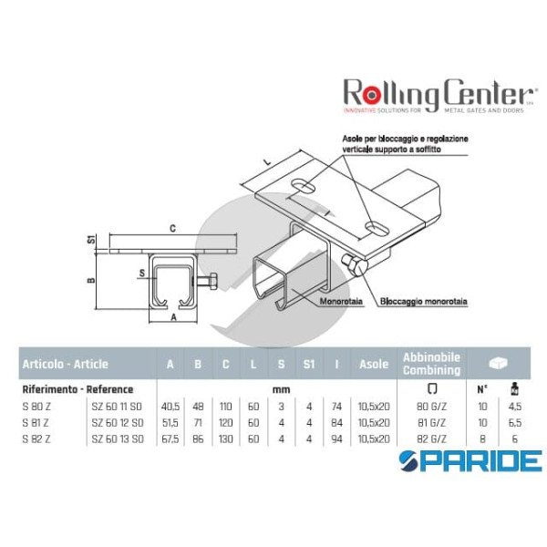SUPPORTO UNIVERSALE S80Z A SOFFITTO PER MONOROTAIE ROLLING CENTER