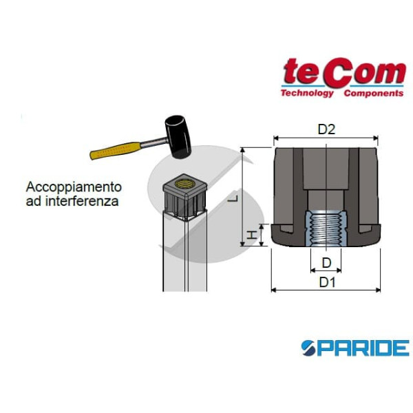 TAPPO FILETTATO QUADRO 40X40 M14 SP 1,5 68 TECOM CON BUSSOLA IN OTTONE NICHELATO
