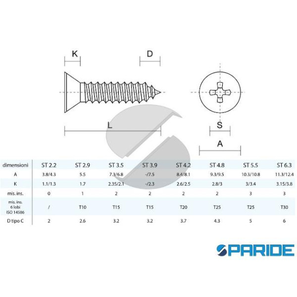 VITE AUTOFILETTANTE TPS INOX 2,9X16 MM DIN 7982 ISO 7050 UNI 6955